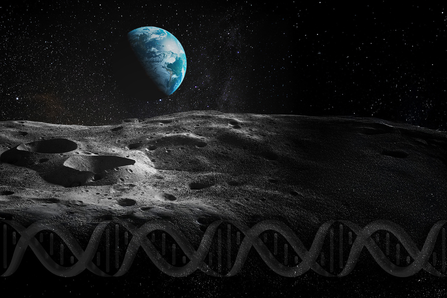 A lunar landscape is shown beneath a blue earth floating in a black, starry sky, and a shadowy double-helix shape running across the bottom of the image. 