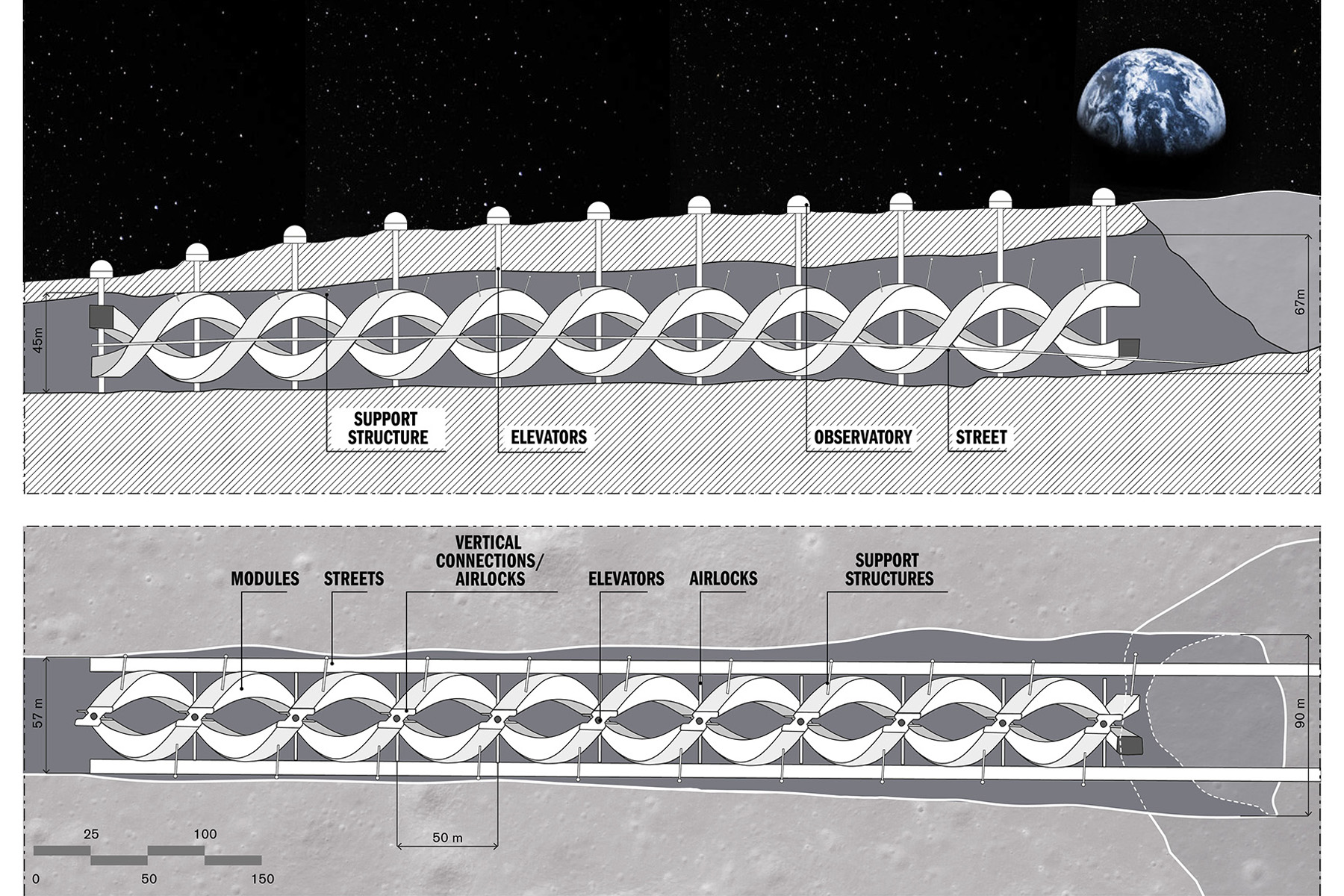 A section plan diagram shows the double-helix structures in the lava tube, with a blue Earth floating above the lunar surface. Text indicates the locations of elevators to the surface, airlocks, internal streets, and other features of the design. 