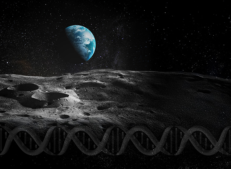 A lunar landscape is shown beneath a blue earth floating in a black, starry sky, and a shadowy double-helix shape running across the bottom of the image. 