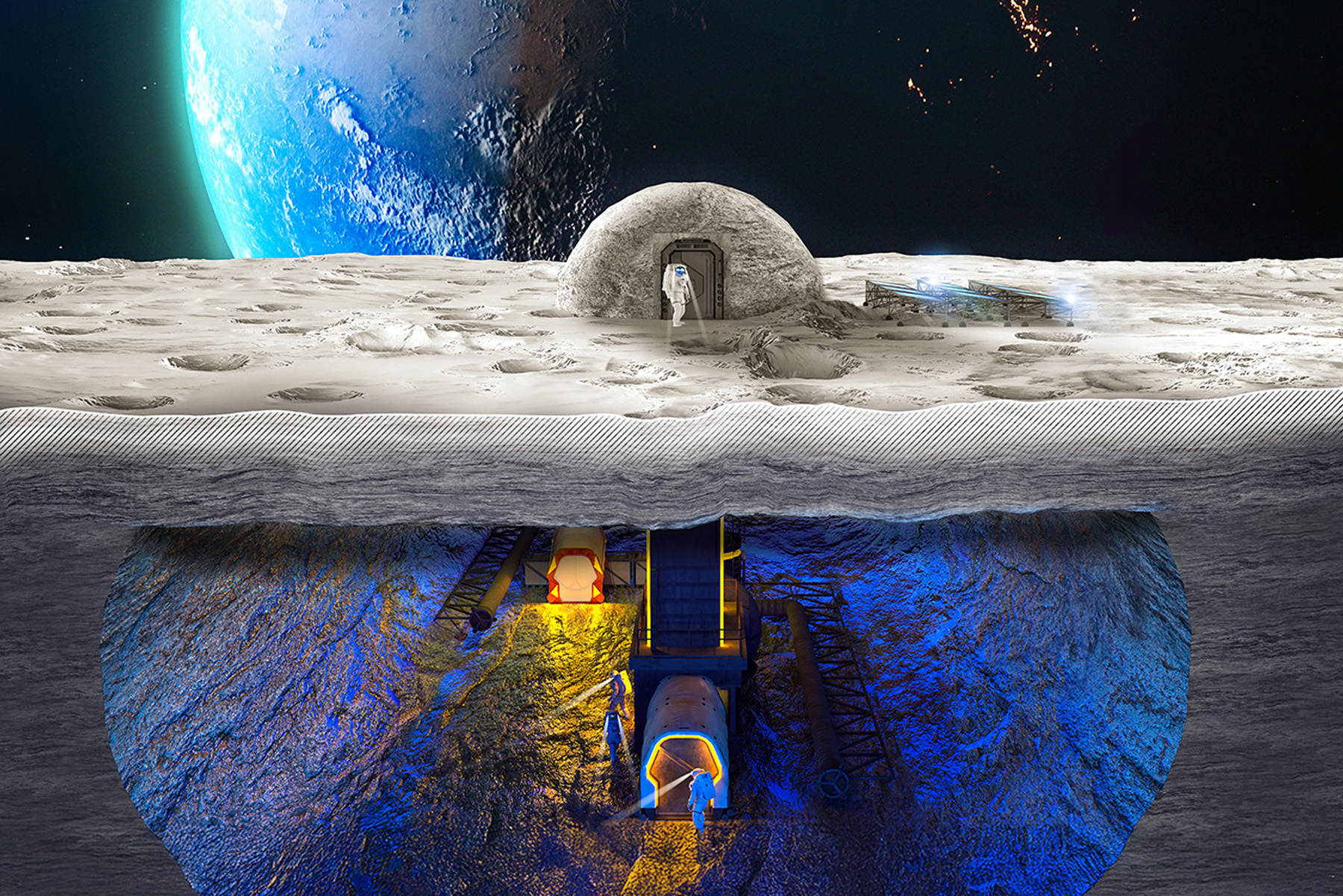Rendering shows an astronaut entering a lunar habitat. Below the lunar surface are other astronauts walking around underground. A large planet is in the distance. 