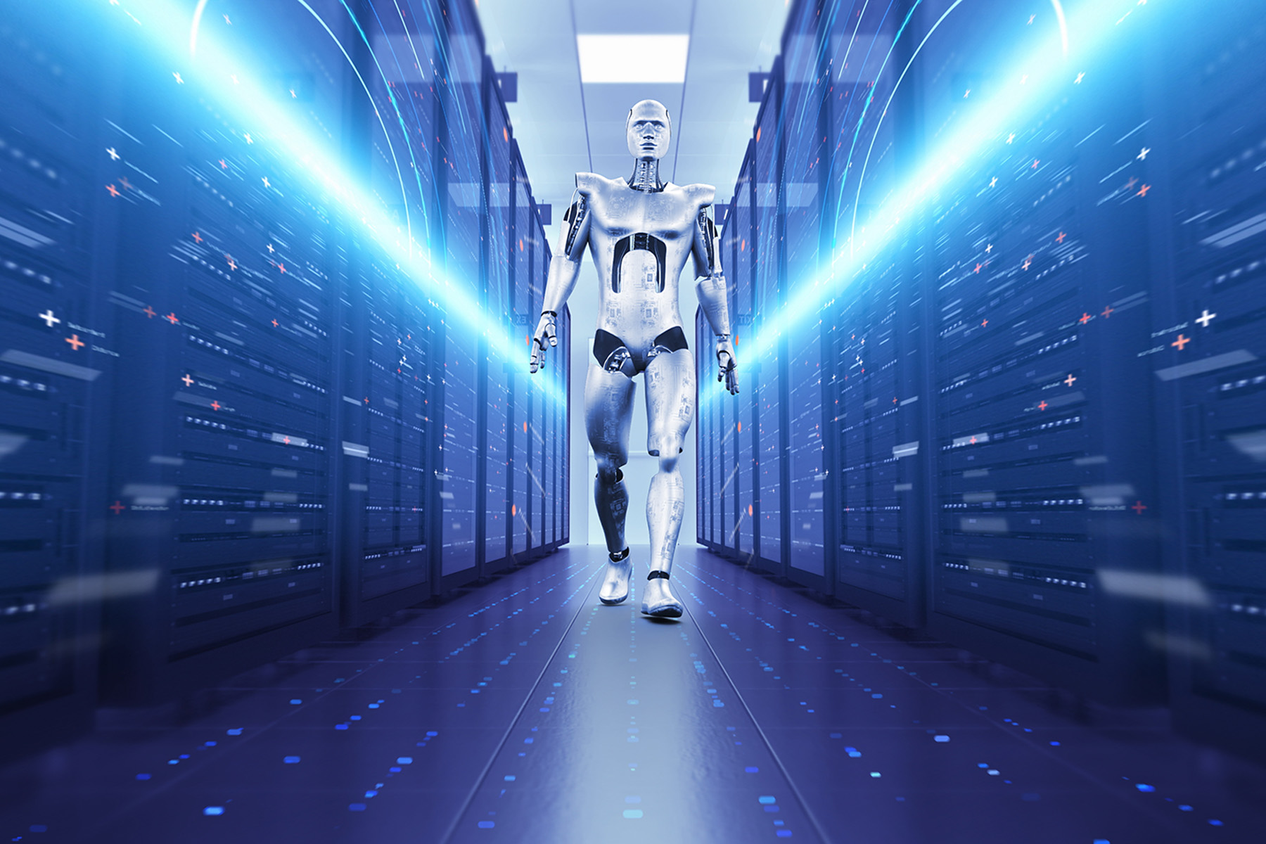 Image shows a robot walking between rows of data files. 