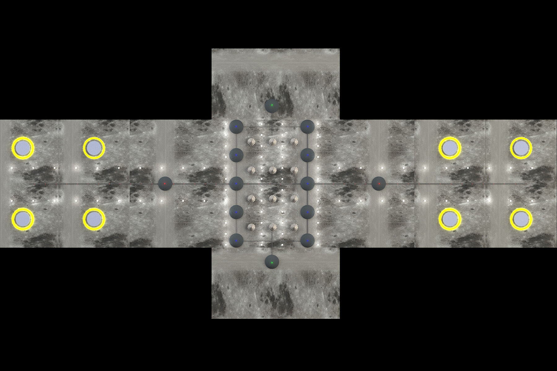 Image shows the parts of the astronaut refuge and warehouse including landing pads and other infrastructure. 