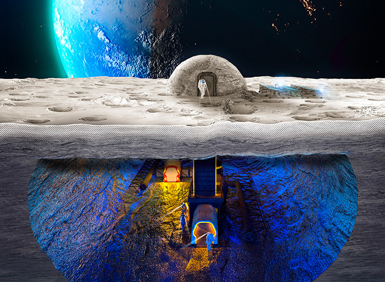 Rendering shows an astronaut entering a lunar habitat. Below the lunar surface are other astronauts walking around underground. A large planet is in the distance. 