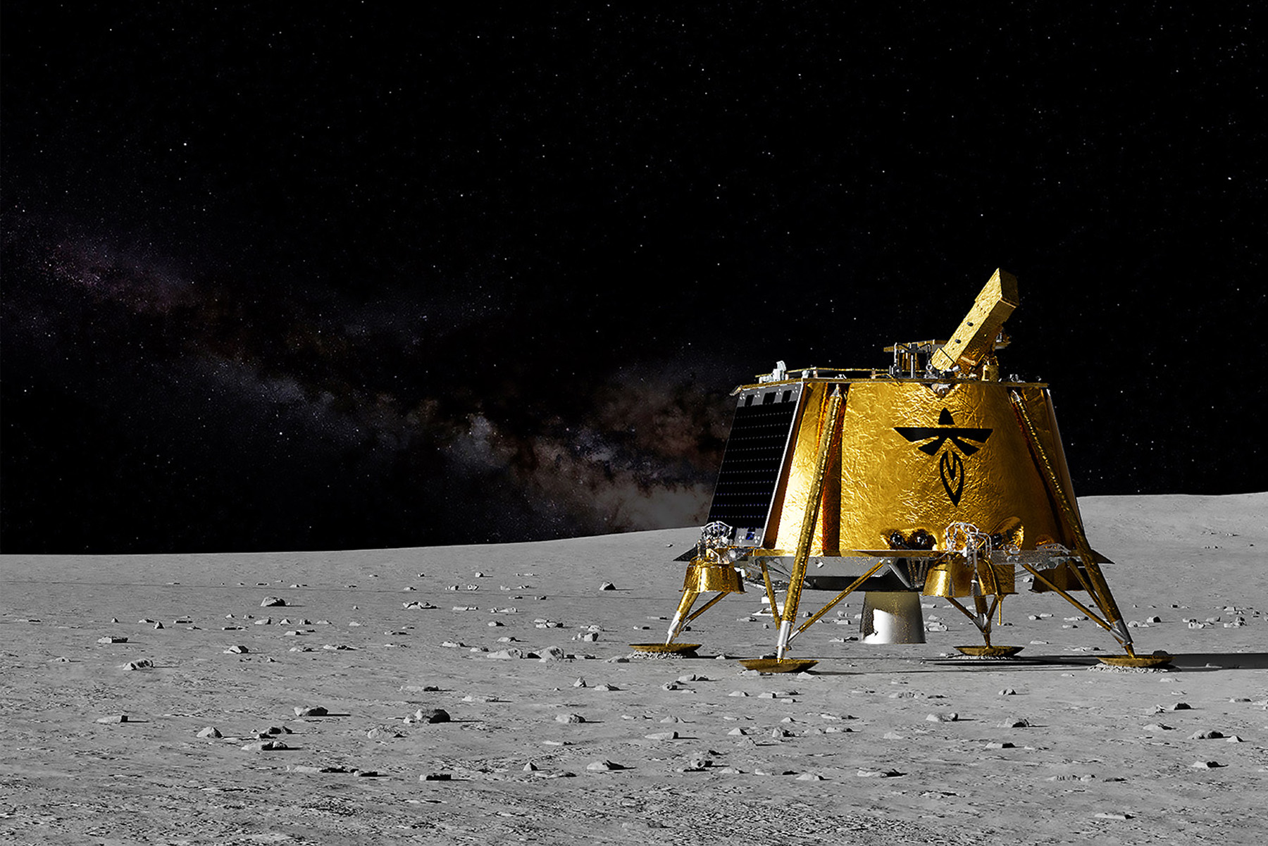 A rendering of a four-legged square-ish gold, shimmering piece of equipment stands upright on the surface of the moon. 