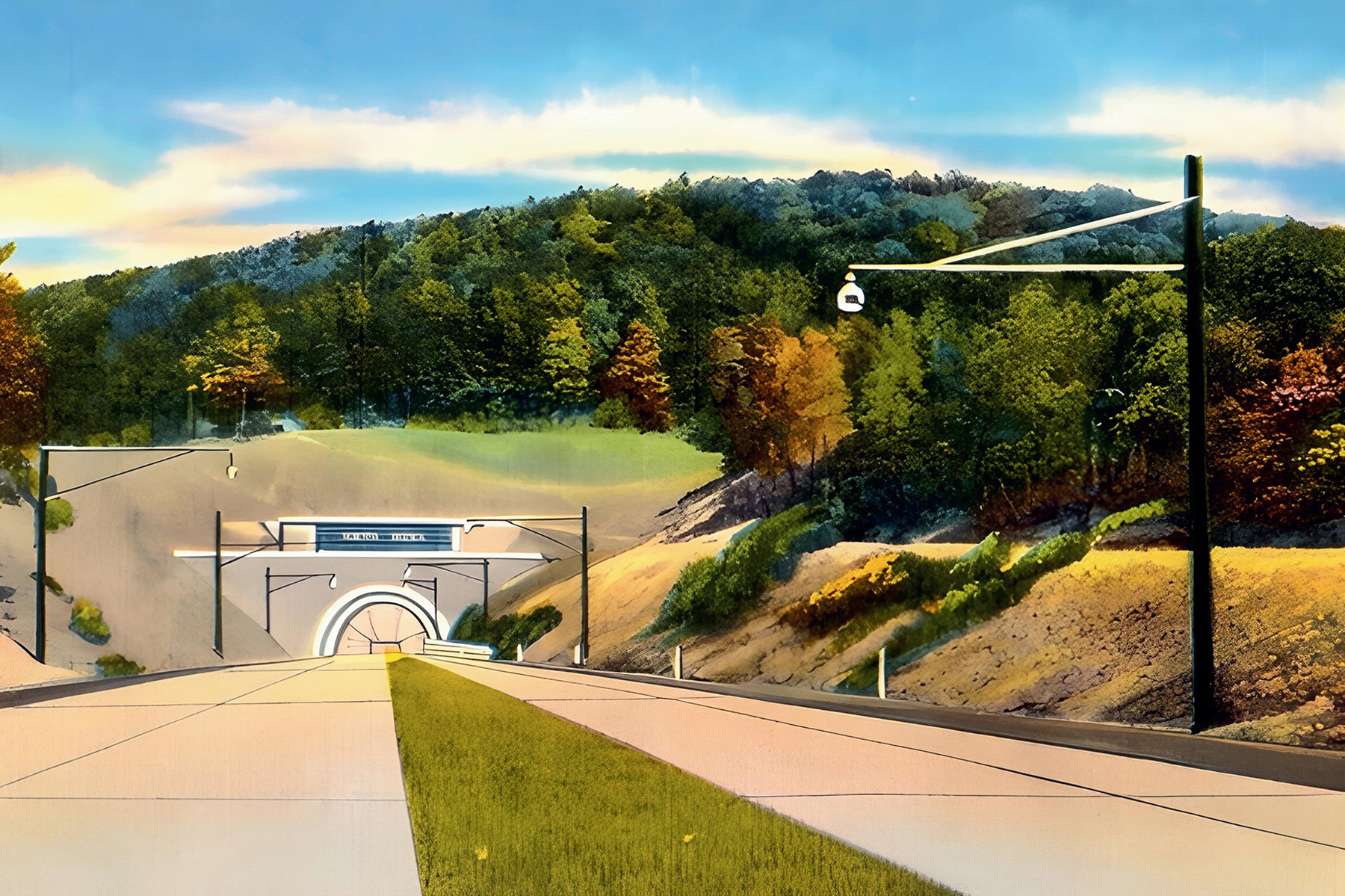 Colorized postcard shows the roadway leading to the entrance of a tunnel. The entrance is at the base of a mountain. There are fall-colored leaves on the trees. 