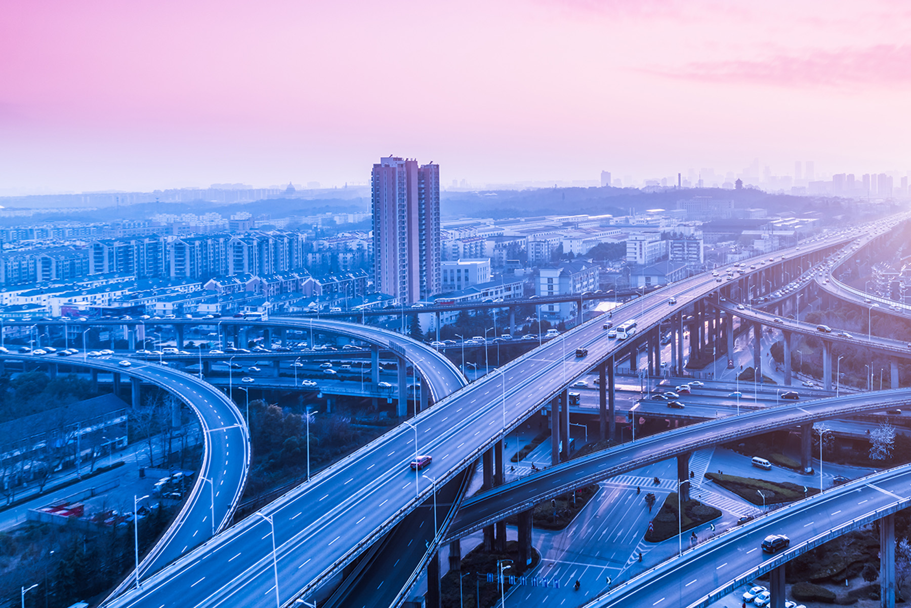 Photo shows multiple highway overpasses. 