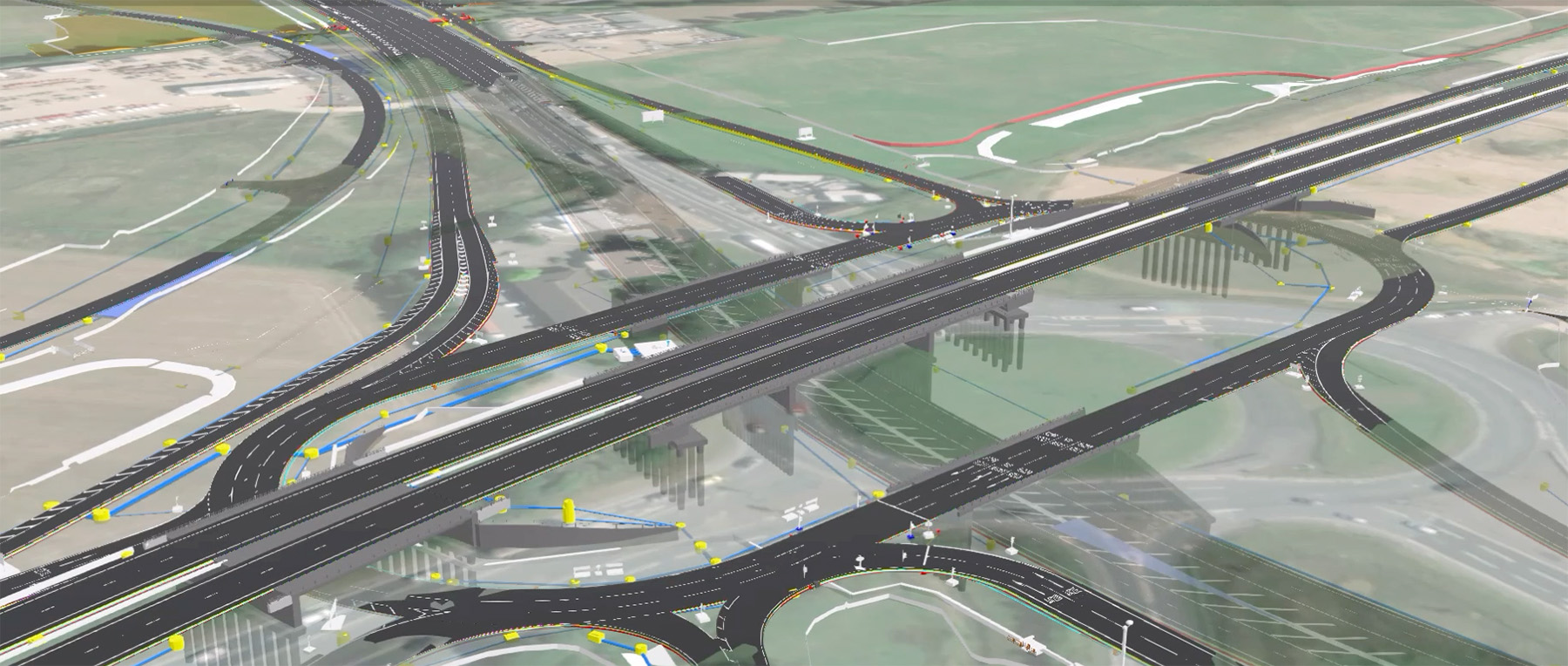 Image shows a digital view of a highway interchange.