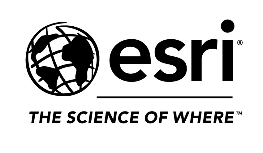 Black letters on a white background spell Esri. 