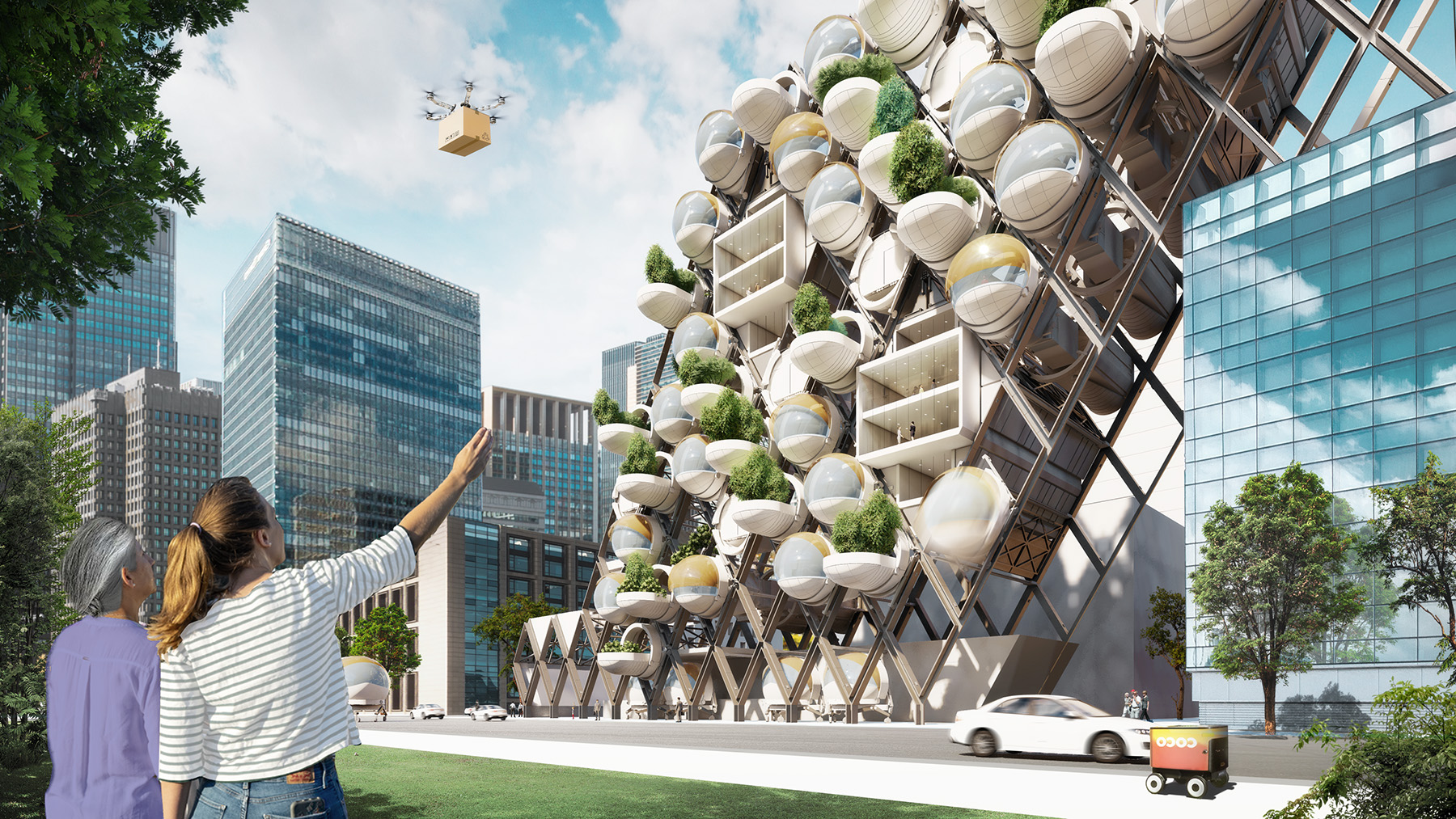 Image shows two women looking at a multilevel building that has a lattice structure. The lattices are diamond shaped. Within some of the lattice openings are white circular pods that are empty or have trees in them. To the left and right are tall buildings, and at the top of the photo are drones carrying a large wooden box. 