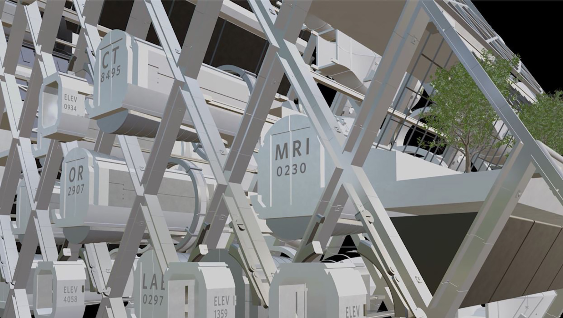 Image shows cylindrical structures within a multilevel steel lattice. 