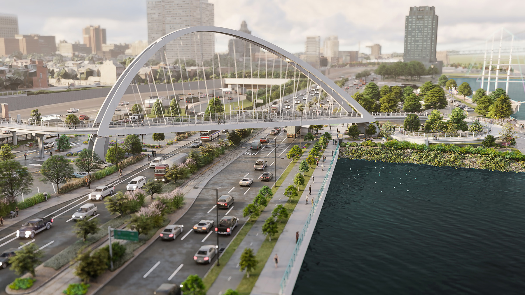 The rendering shows a tied-arch pedestrian bridge spanning multiple highway lanes along an urban waterfront. 