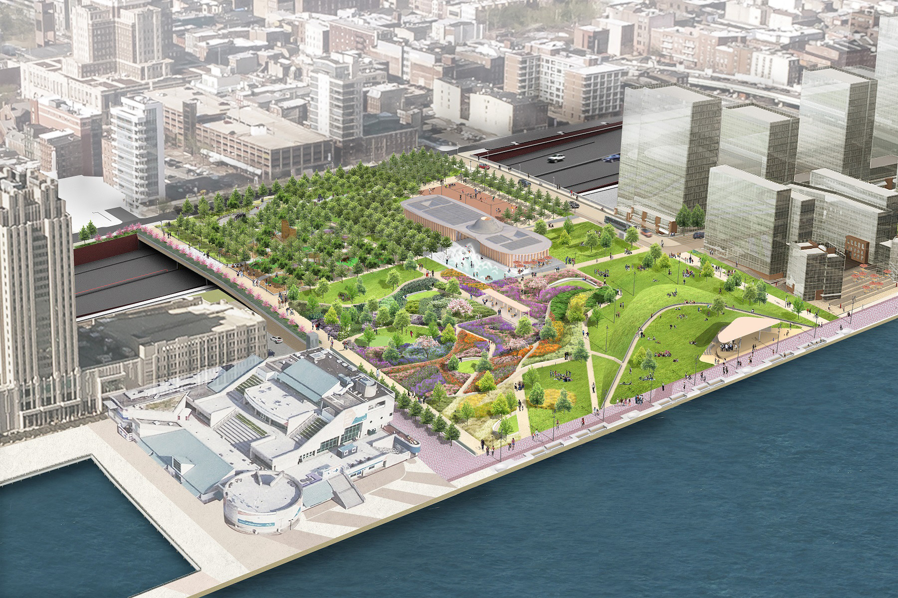 The rendering shows an overview of the new cap structure park that crosses the interstate and extends the green space to the riverfront. 