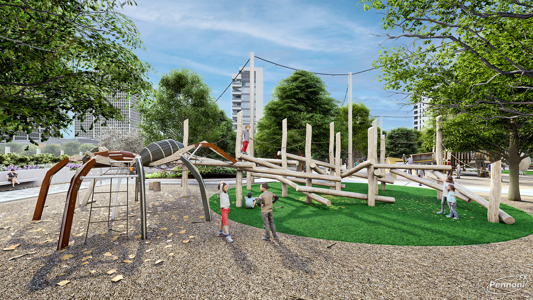 The rendering shows children playing in a new park with a spider-shaped climbing structure. 