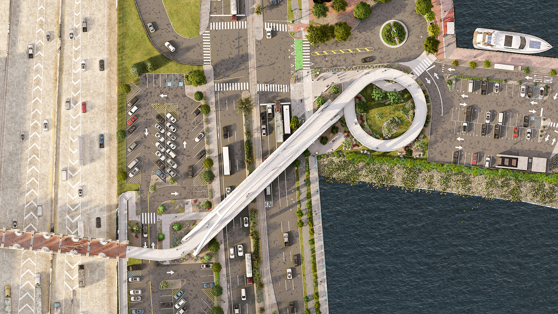 The rendering shows an overhead view of the new pedestrian bridge, including its spiraling ramp on the waterfront side. 