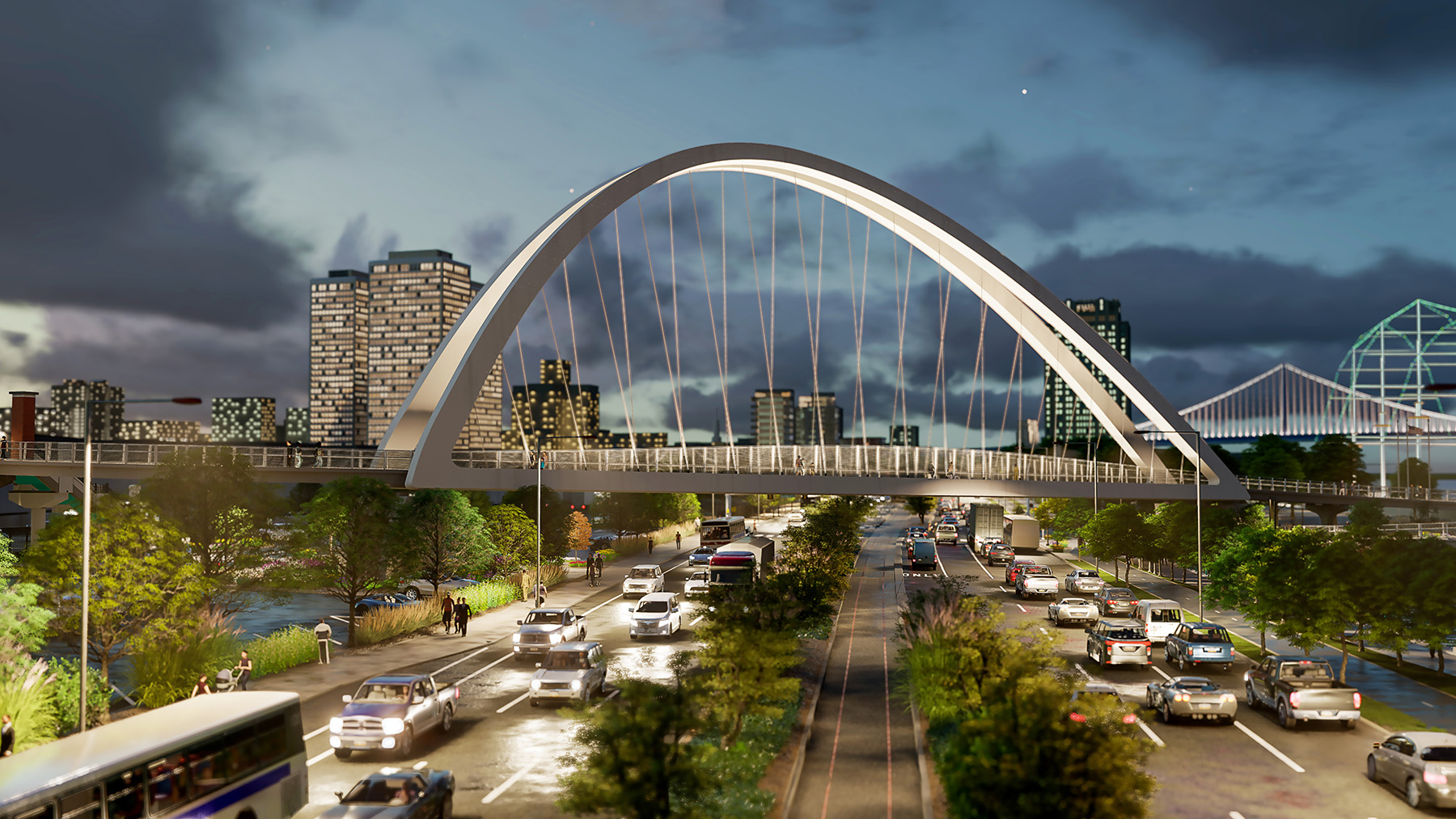The rendering depicts the new pedestrian bridge at night. 