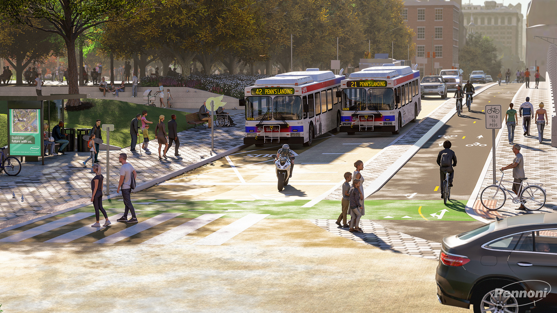 The rendering shows pedestrians crossing the street at a crosswalk while public buses and other vehicles wait. 