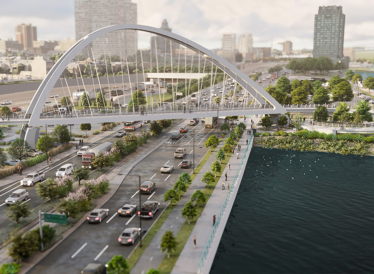 The rendering shows a tied-arch pedestrian bridge spanning multiple highway lanes along an urban waterfront. 
