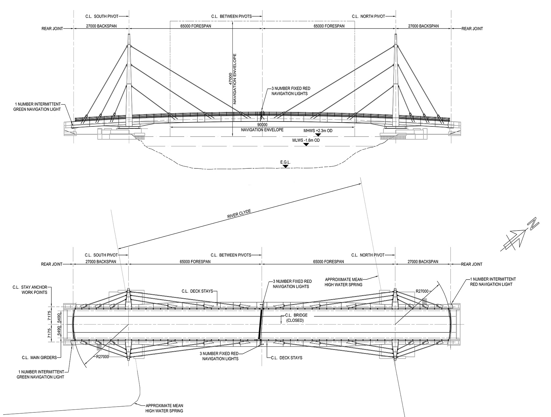 Two images show the detailed design of the elevation and plan for a swing-span bridge. The measurements for many parts of the bridge are shown including the forespan, backspan, and navigation envelope.