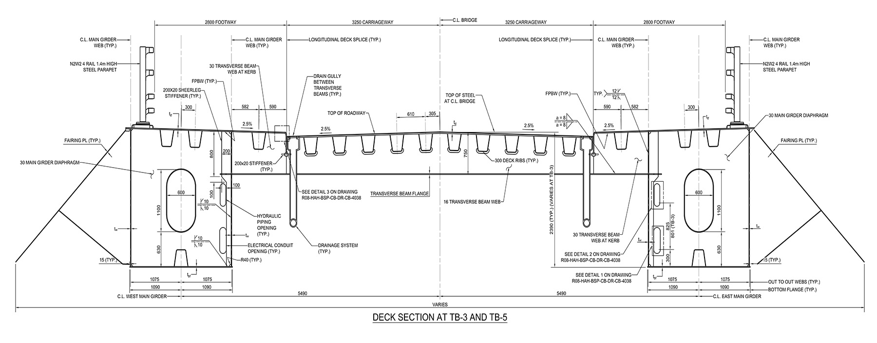Image shows the detailed design typical section of a swing-span bridge. Many parts of the bridge are shown in the drawing including the roadway, footpath, bike path, and the deck.