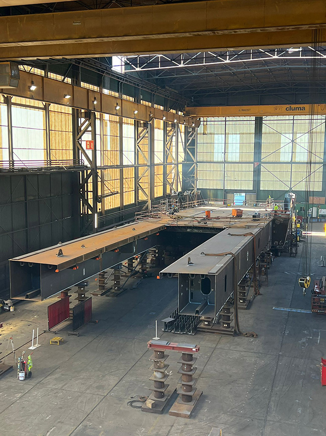 Photo shows one of the swing spans being fabricated and prepared for priming and painting. 
