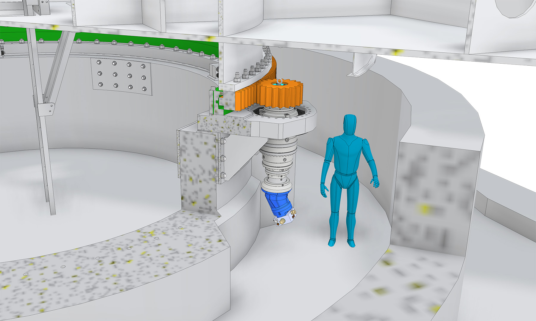 The illustration shows the slewing bearing gallery. It is a circular structure with a large joint that operates the swing spans. The gallery is tall enough for a worker to perform maintenance.