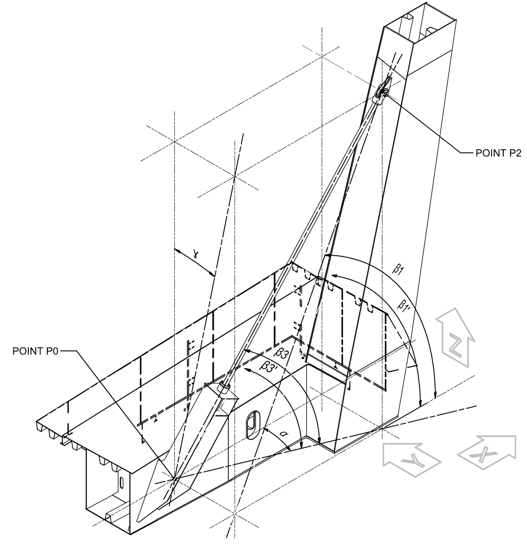 Image shows the cable-stay bridge’s geometry coordination including the x and y axes and points P0 and P2. 
