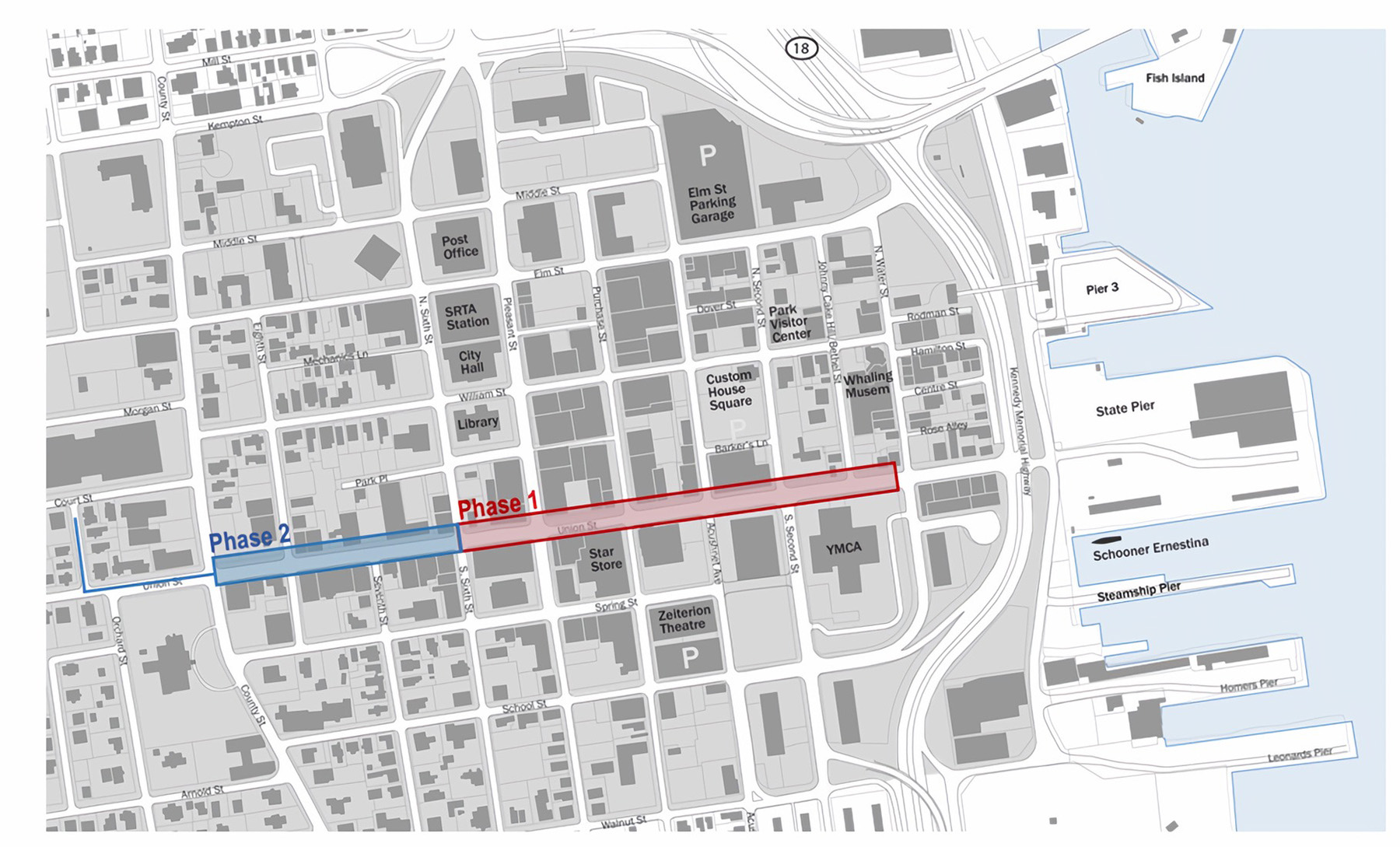 A map indicates the location of the Phase 1 work (in red) and Phase 2 work (in blue) along Union Street in New Bedford, Massachusetts. 