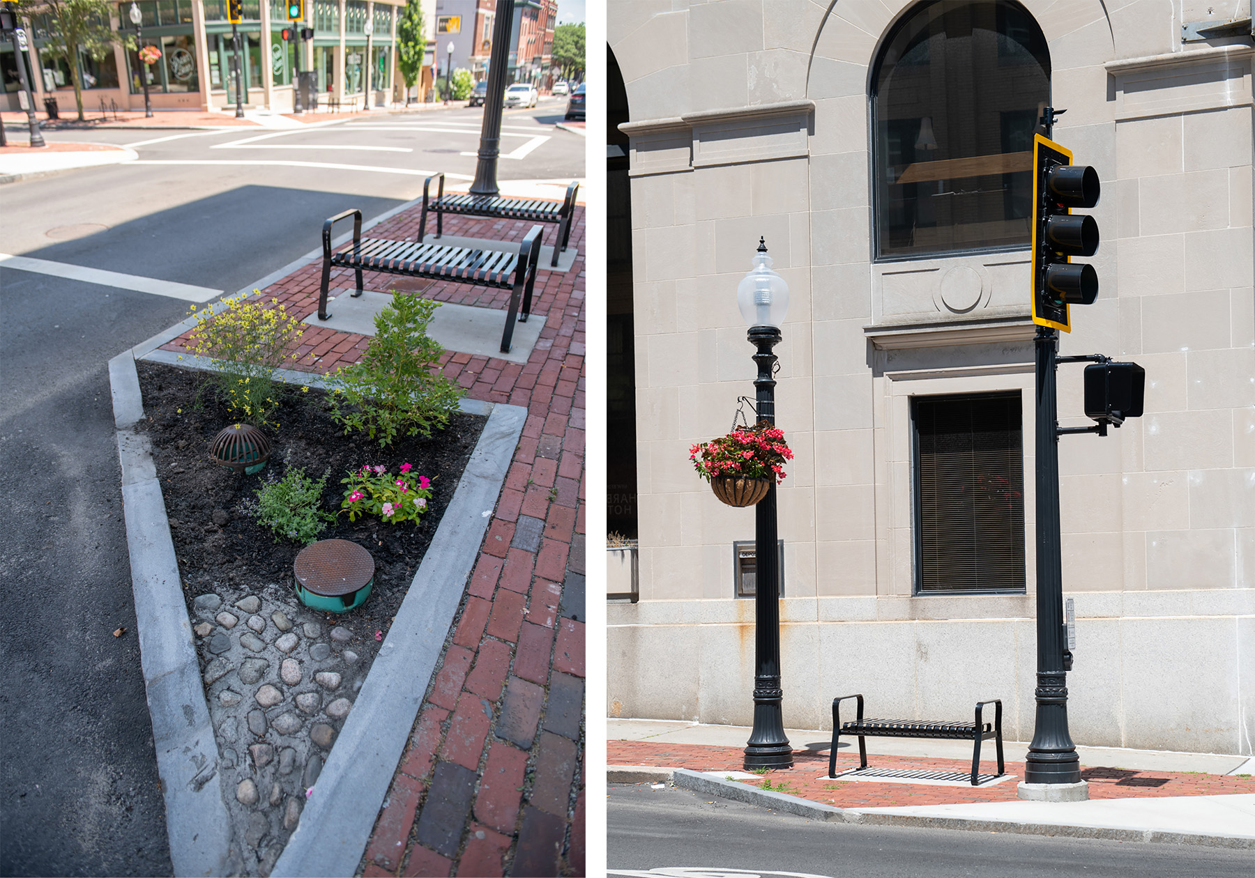 Side by side photographs show a small triangular rain garden and bench on the left and a streetlamp with an attached basket holding red flowers on the right. 