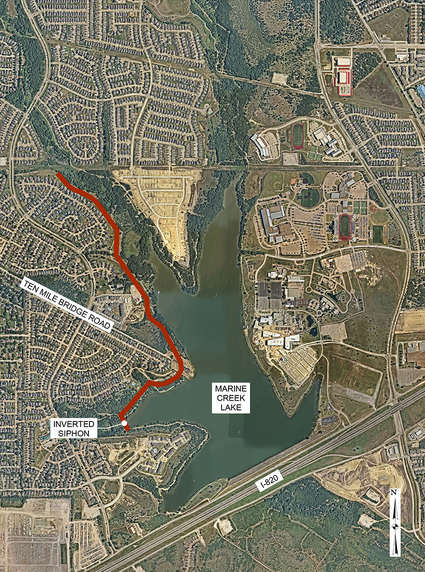 A colorful map showing the project location and surroundings is labeled with “Ten Mile Bridge Road,” “Marine Creek Lake,” Inverted siphon,” and “I-820.” The length of the project area is labeled with a red line.