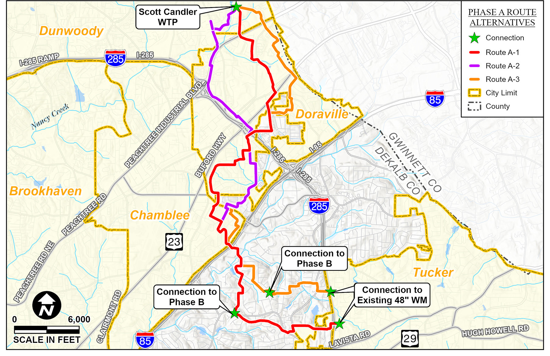 Image shows the different alignments considered for the first phase of a water main installation project.