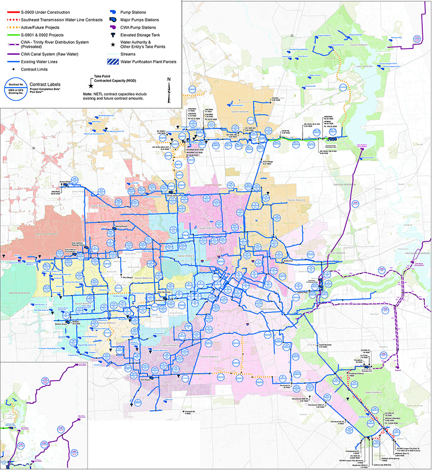 A color-coded map shows communities and the spread of water infrastructure across the Houston region, highlighting existing water lines, projects under construction, and future projects.