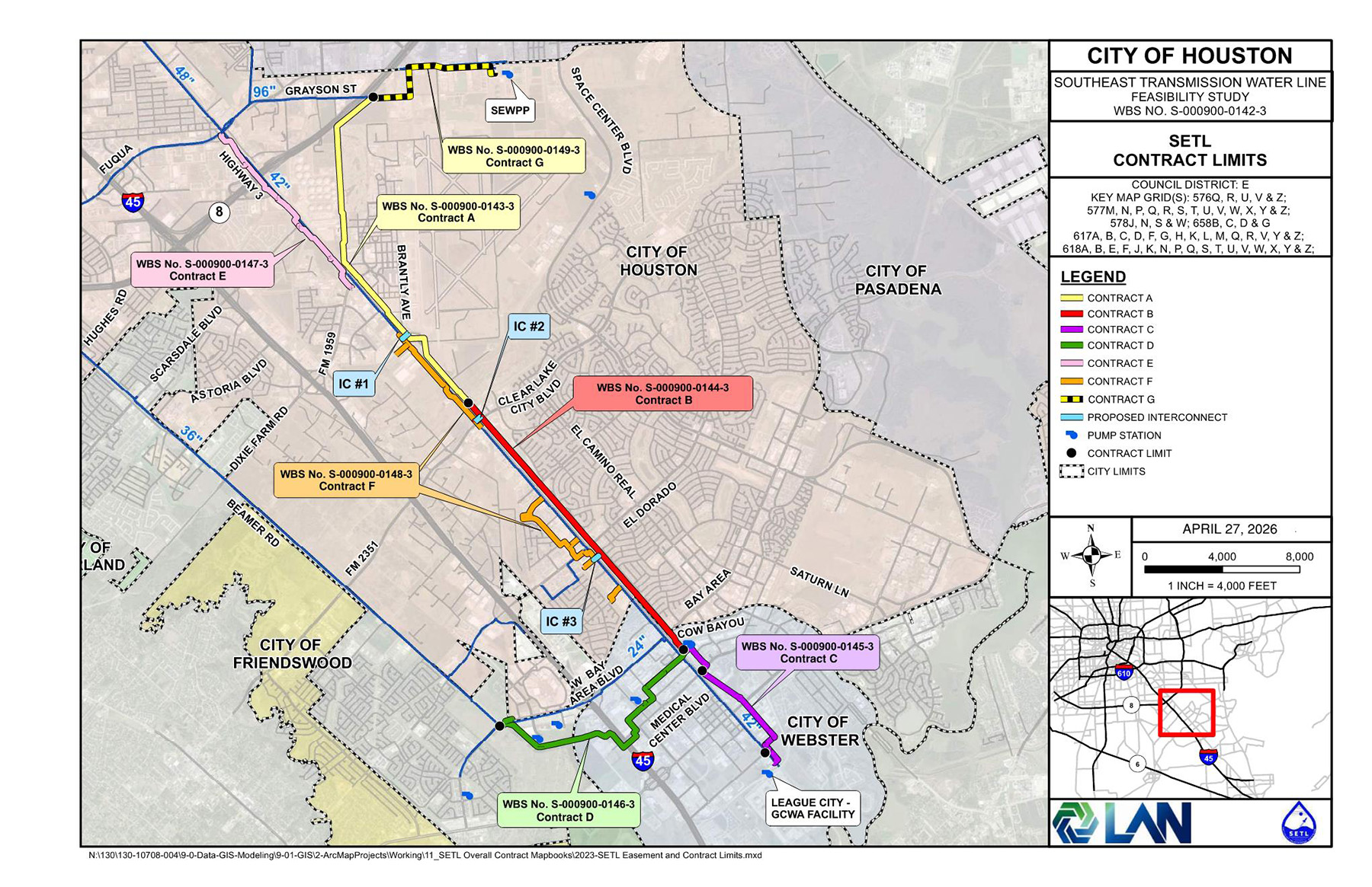 A color-coded map shows the location of various contracts for the Southeast Transmission Line.