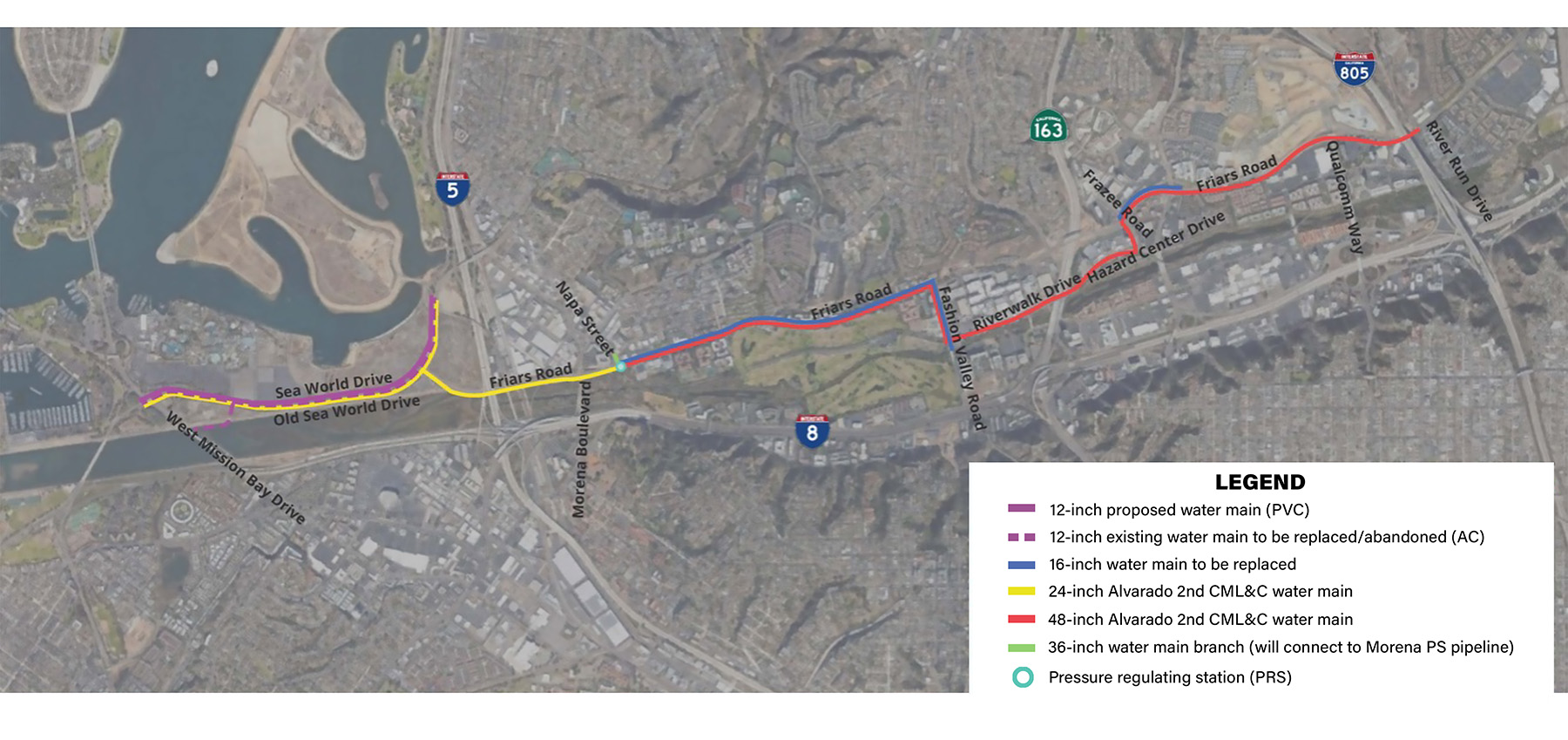 A color-coded map depicts the project alignment for the proposed and existing water mains.