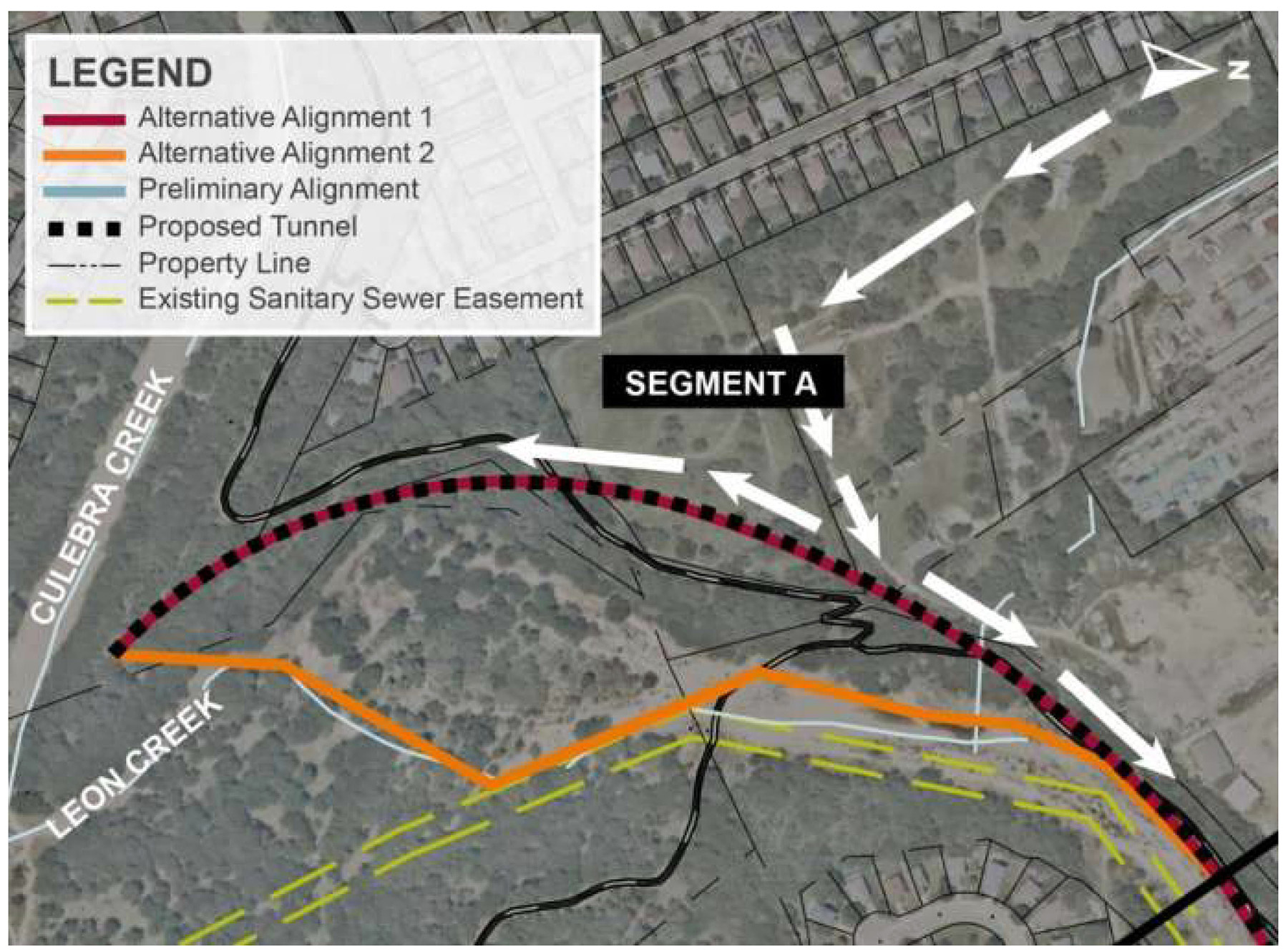 Image shows the proposed and alternative alignments of a curved tunnel section of an underground sewer project. 