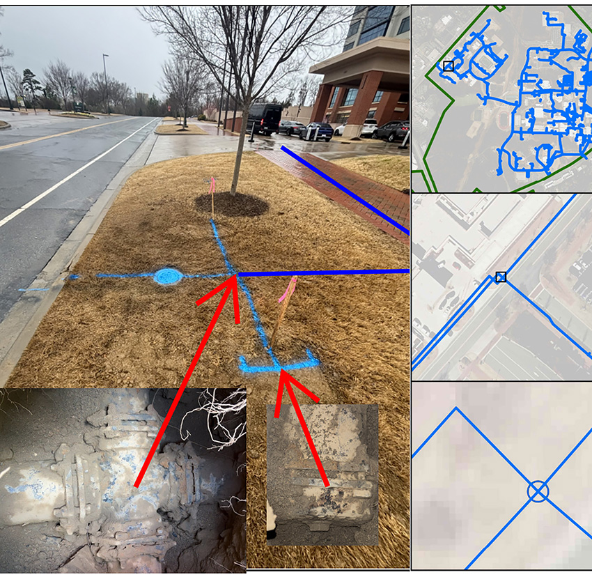 A combination of three photographs combined with maps are marked with colored lines to indicate the results of a subsurface utility investigation. 