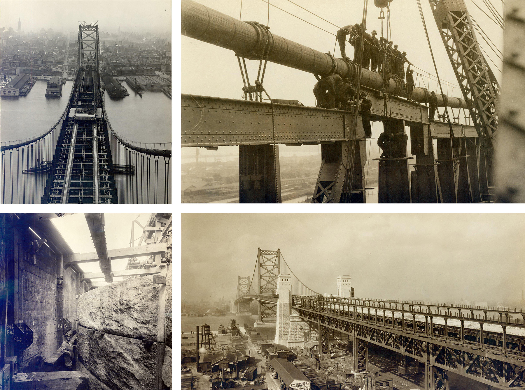 Photographs show a bridge span under construction, a man standing next to large pieces of granite, and the approach to a bridge.