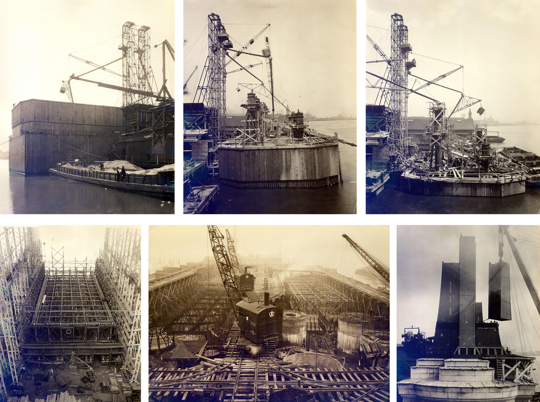 Series of photos show a large wooden structure sinking below the water’s surface, a steel cage-like structure, and large steel pylons being added to a granite base.