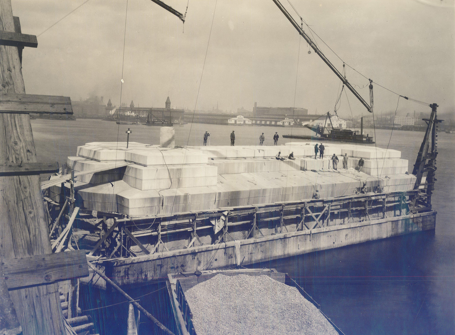 Photo shows the granite blocks that made up a bridge pier.