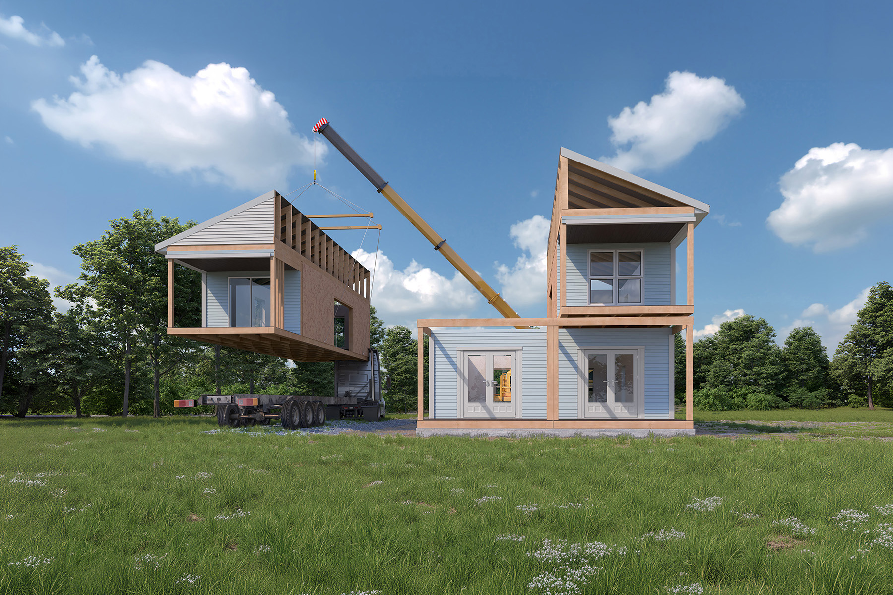 A 3D illustration shows a crane holding part of a house frame in the air. Next to the crane is the rest of the frame, assembled. 