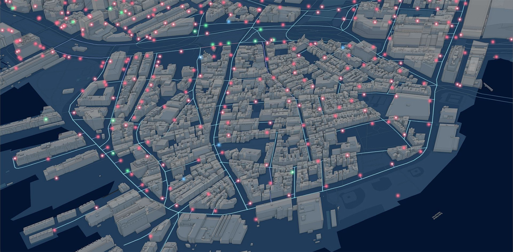 Image shows a city plan with red and blue dots connected by long white lines. 