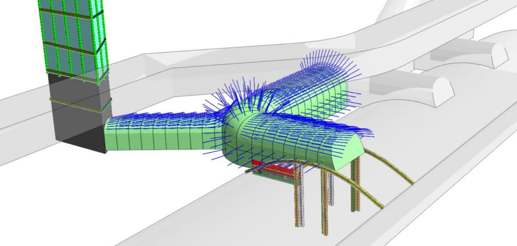 A green and blue 3D rendering of the tunnel shows how it connects to other passageways.