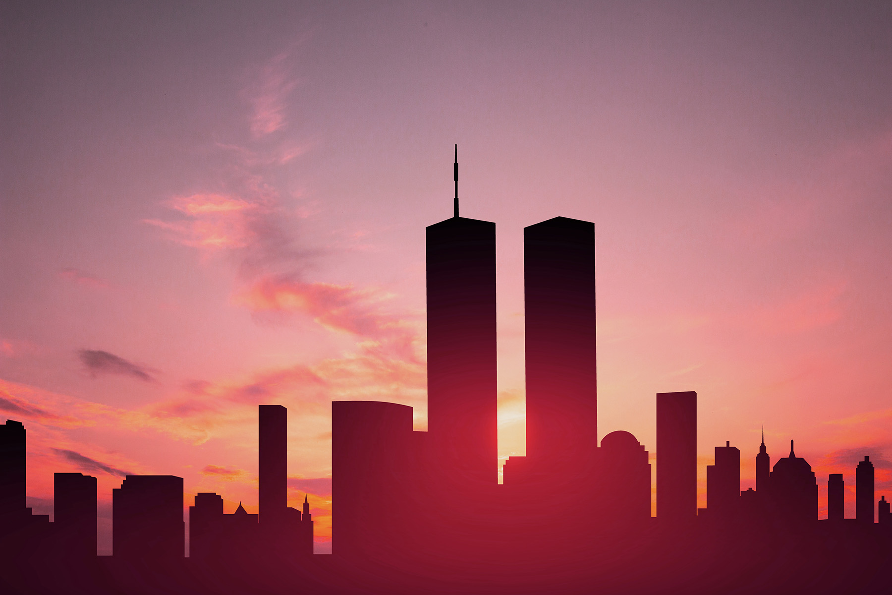 Image shows a cityscape at sunset with two very tall skyscrapers dominating the skyline. 