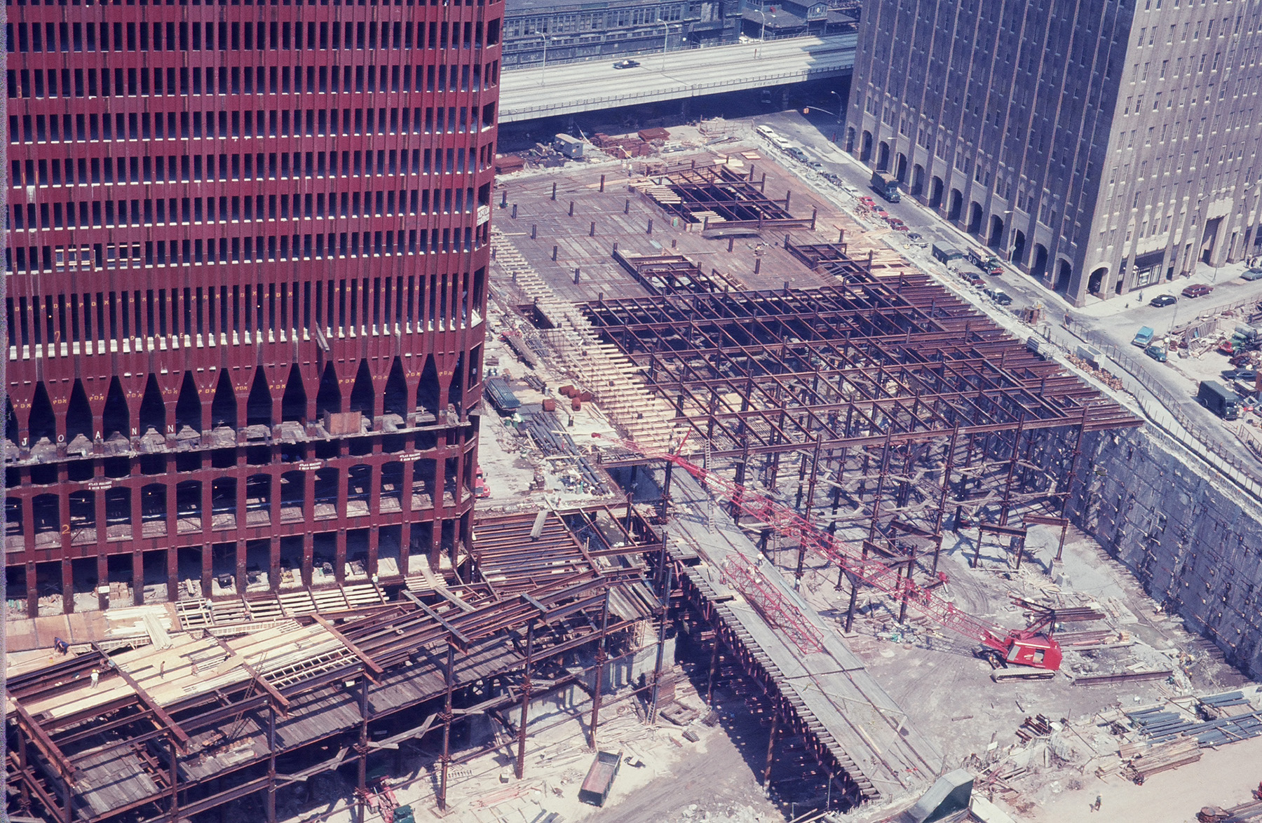 Photograph shows the construction site of the Twin Towers.