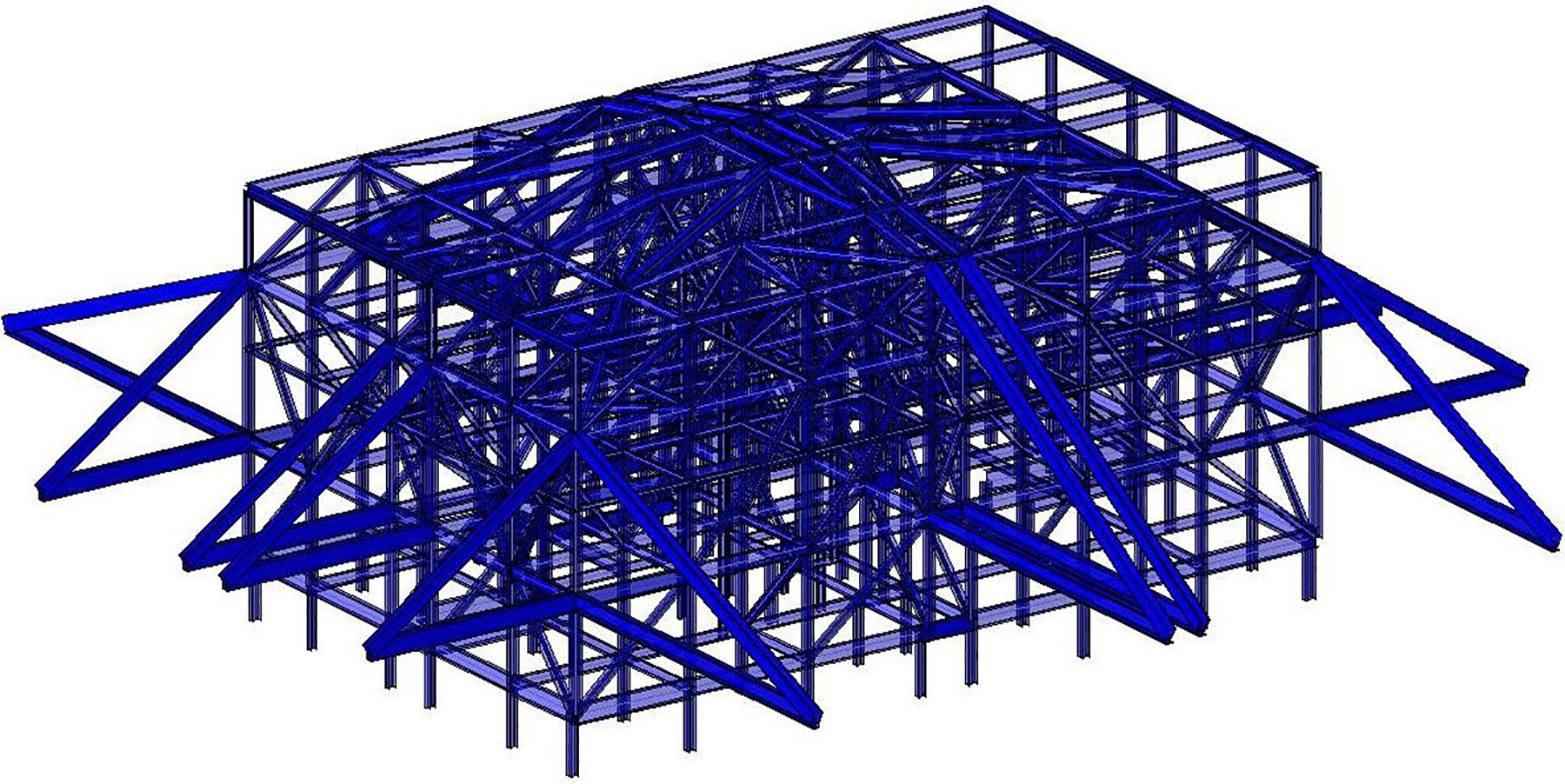 Image shows the hat truss framing at the roof level of the Twin Towers.