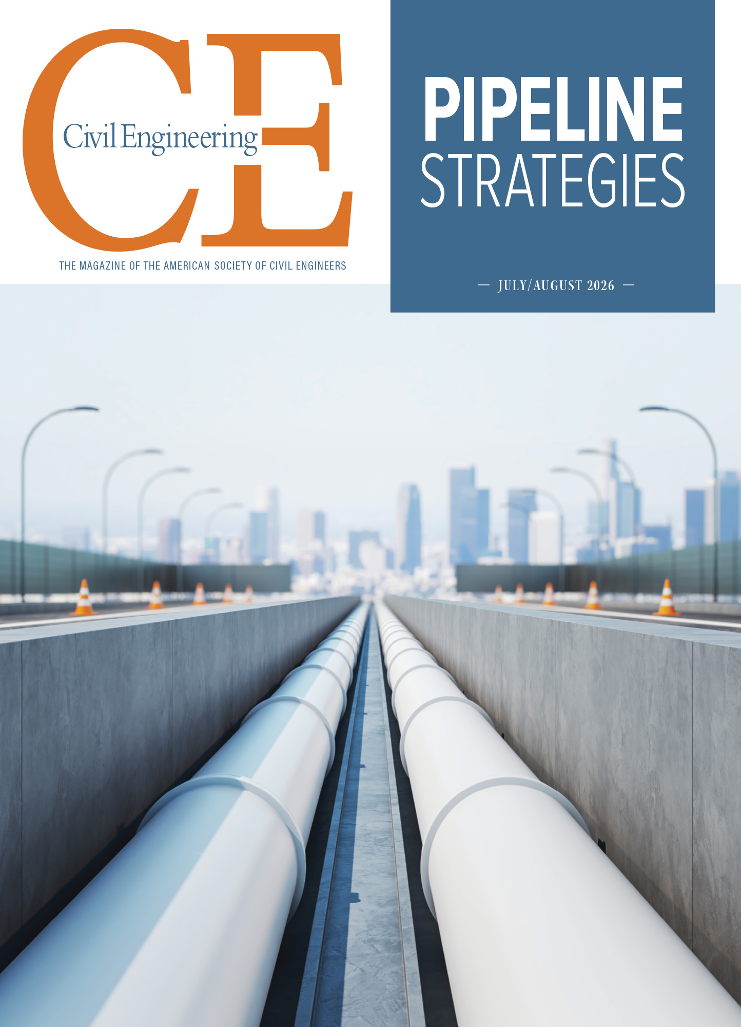 Softly lit rendering shows side-by-side industrial pipelines sunk into a trench within a construction corridor. An urban cityscape is in the background. 