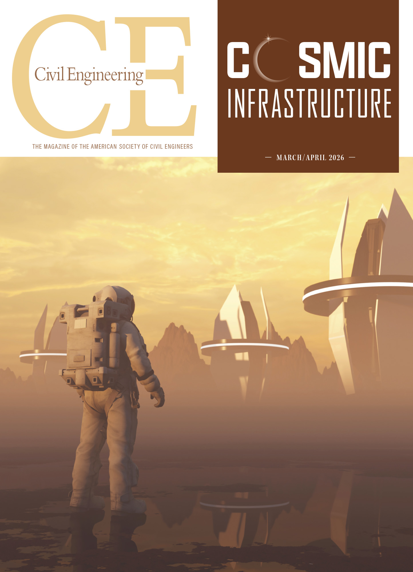 Rendering shows an astronaut staring at several tall structures on Mars. 