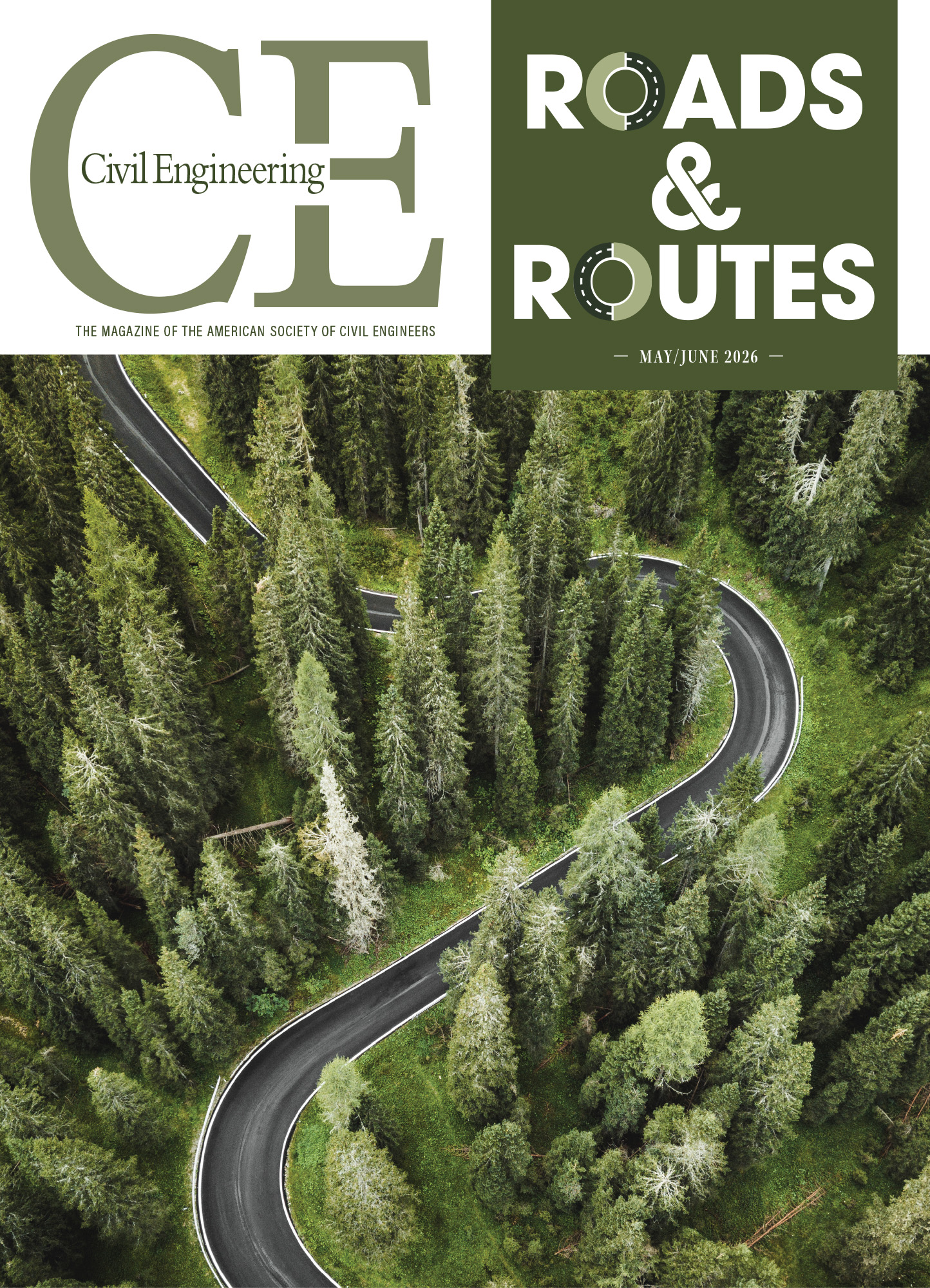 Photograph shows a single-lane road winding through tall trees. 