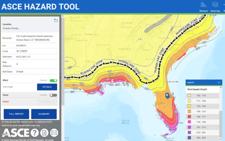 ASCE Hazard Tool interface with map and hazard data