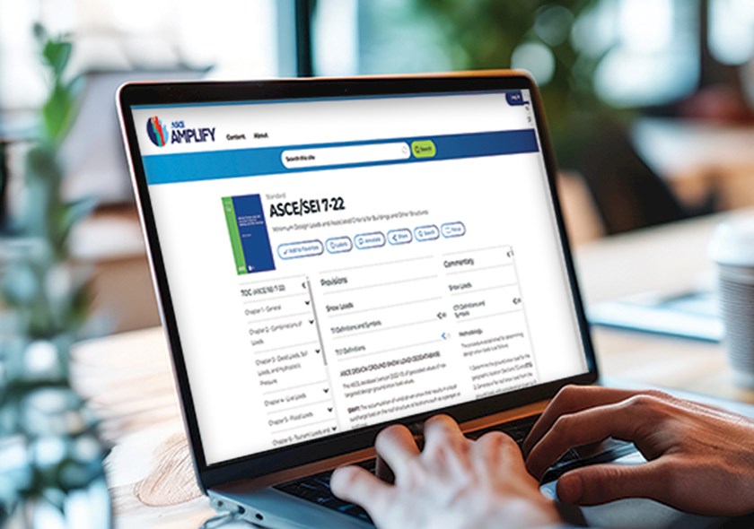 Person using ASCE Amplify on a laptop, a platform that provides faster, easier access to ASCE’s critical engineering content, research, and publications.