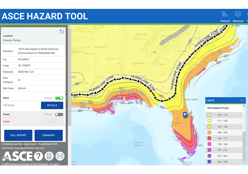 ASCE Hazard Tool interface displaying a U.S. wind hazard map, an online tool providing engineers with hazard data for design and analysis.